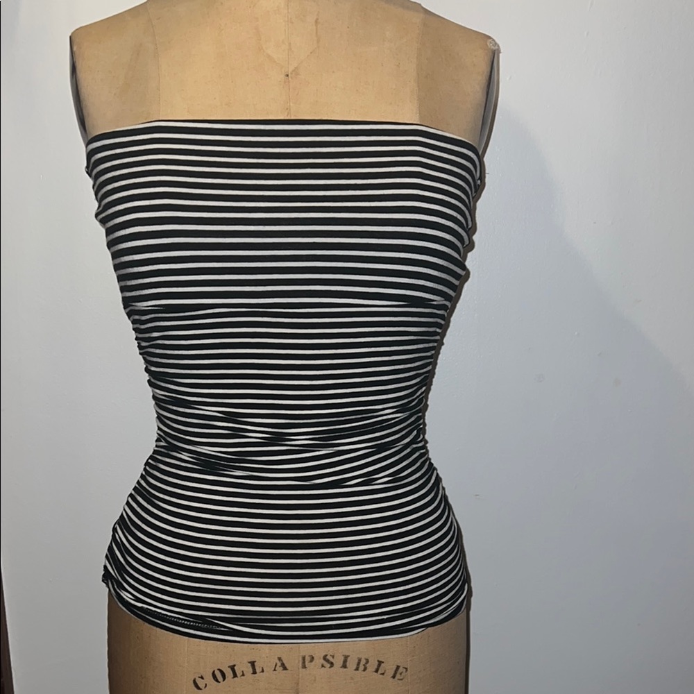 Vintage 2000s Weston Wear Black and White Striped Fitted Ruched Tube Top S